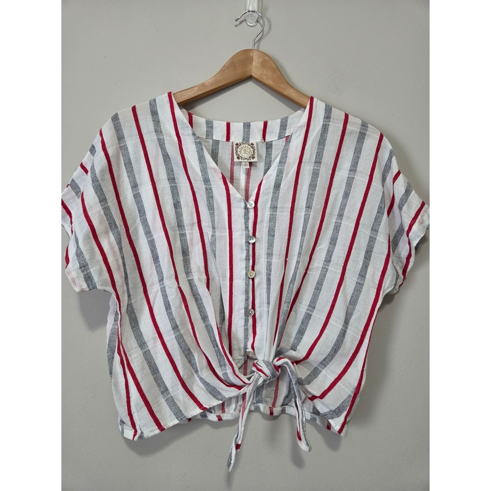 Tru Self Womens Red Blue White Striped Cotton Tie Front Button Down Blouse Small